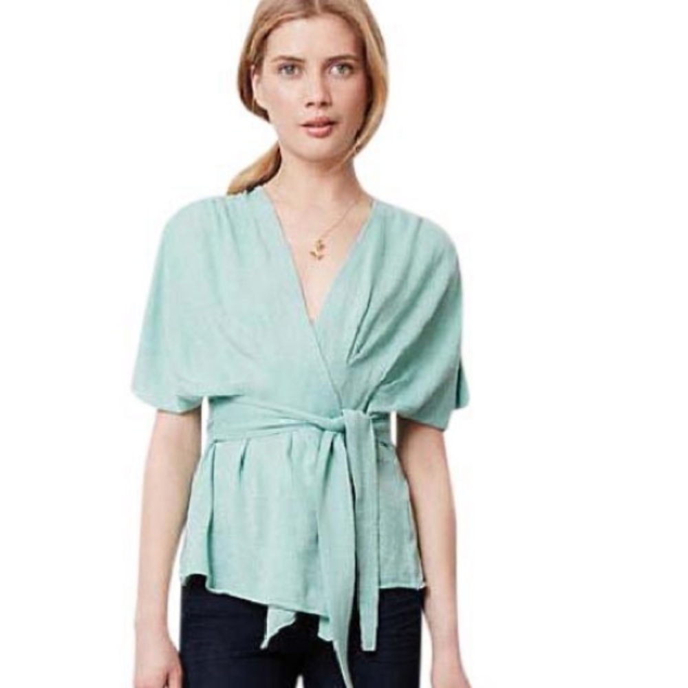 Anthropologie Mint Green Wrap-Front Short Sleeve Cardigan